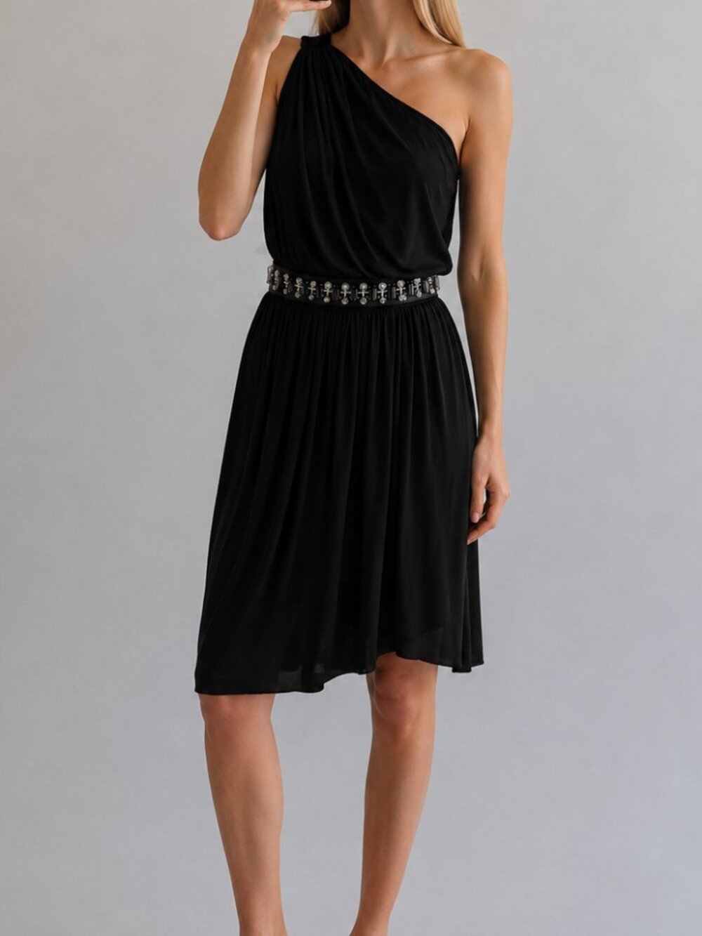 Dolce & Gabbana D&G black one shoulder draped dress embellished waist IT 40 S–M
